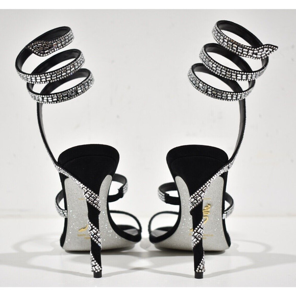 Rene Caovilla Margot Black Silver Crystal Ankle Wrap Strap Sandal Heel Pump 36.5 - Picture 11 of 12